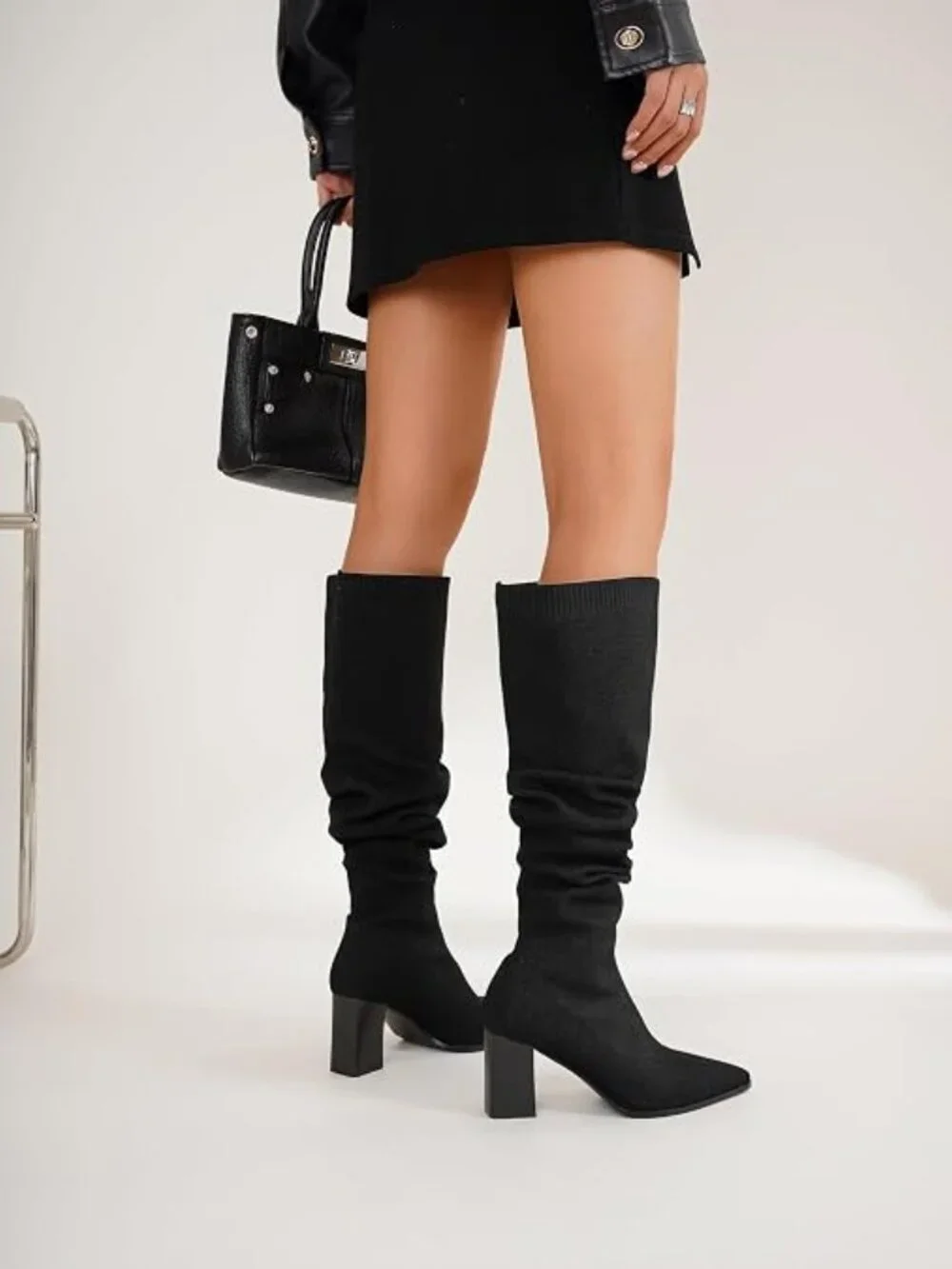 Black Over-the-Knee Stretch Boots with Block Heel